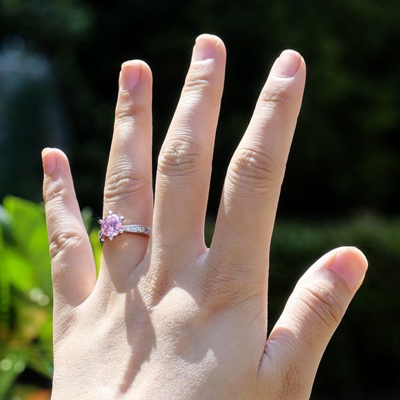 925 Silver Solitaire Pink Sapphire Diamond Ring - Picture 2 of 4